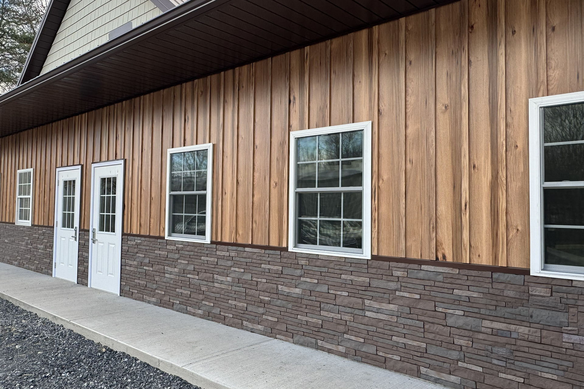 Wood-look board and batten siding on a building exterior